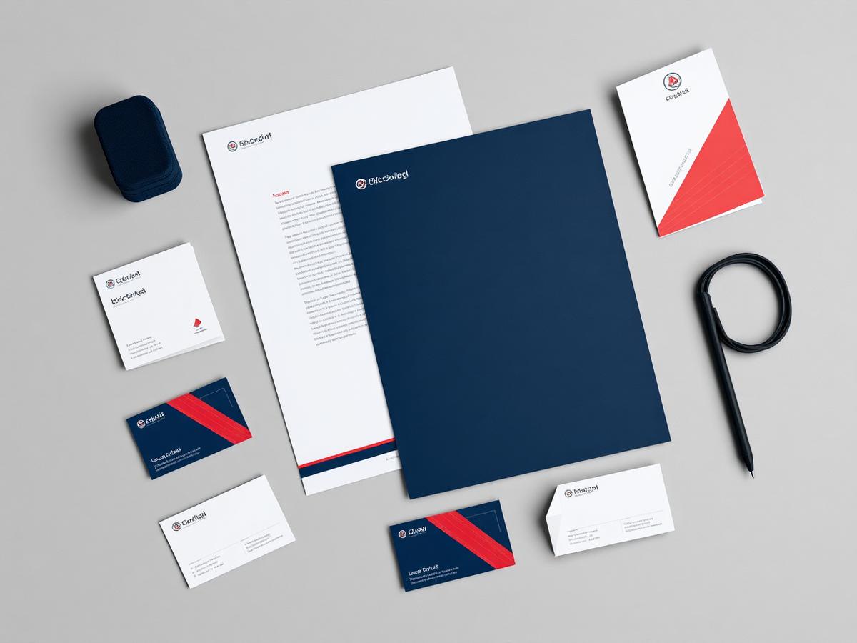 Red and blue brand identity materials arranged on a dark surface