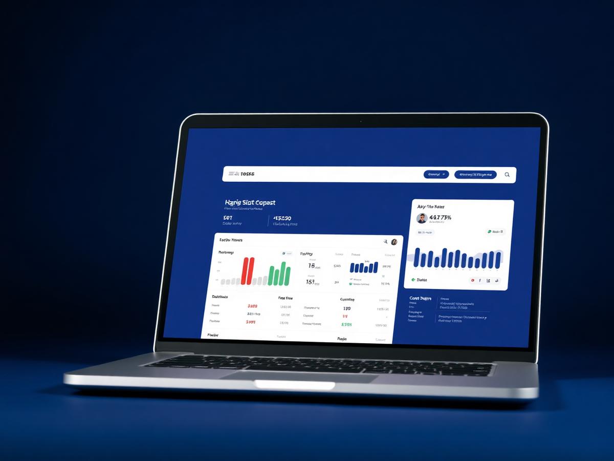 Business dashboard displayed on a laptop against a deep blue background