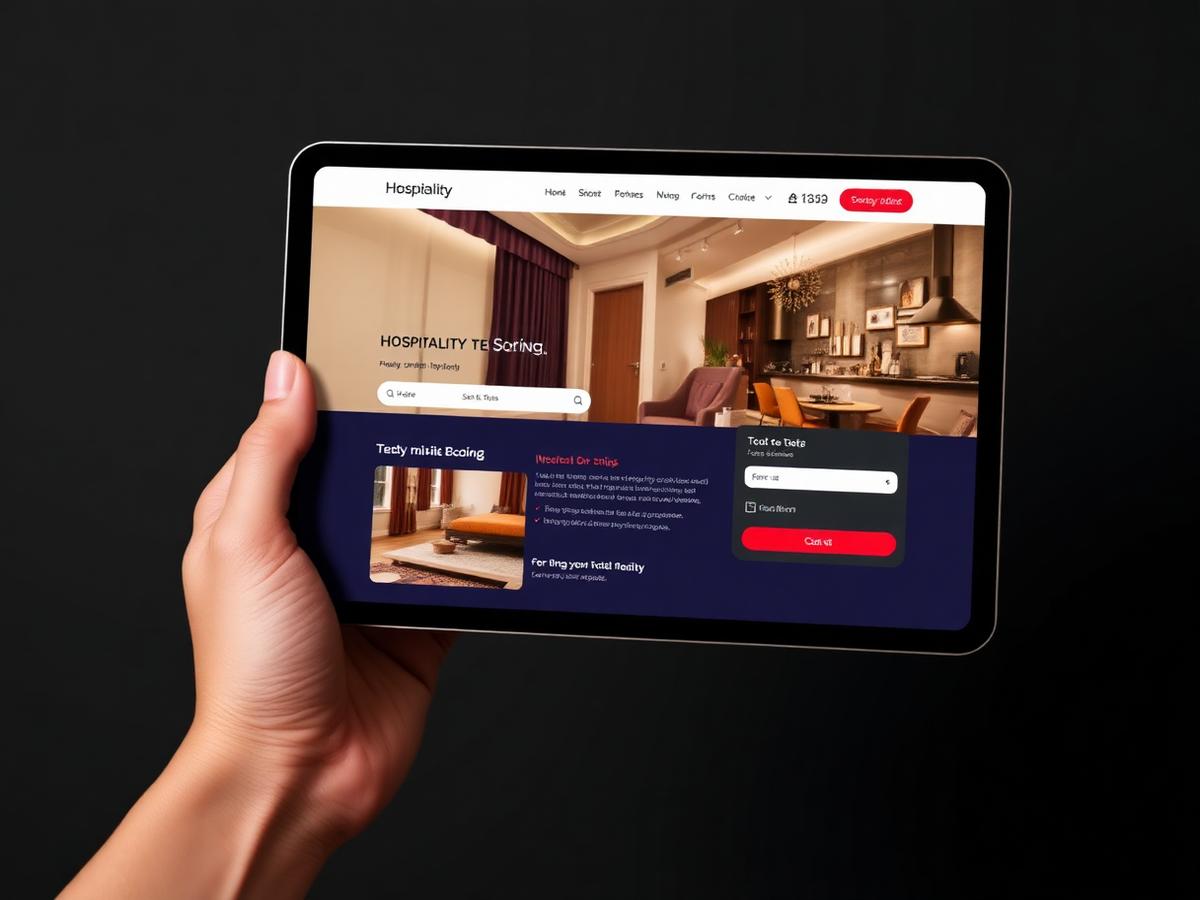 Hospitality booking experience displayed on a tablet in a refined interior