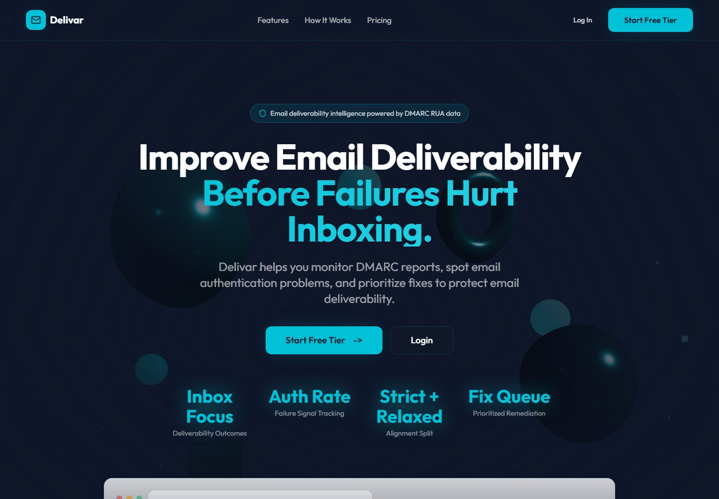 Delivar email deliverability platform with a navy interface and cyan product messaging