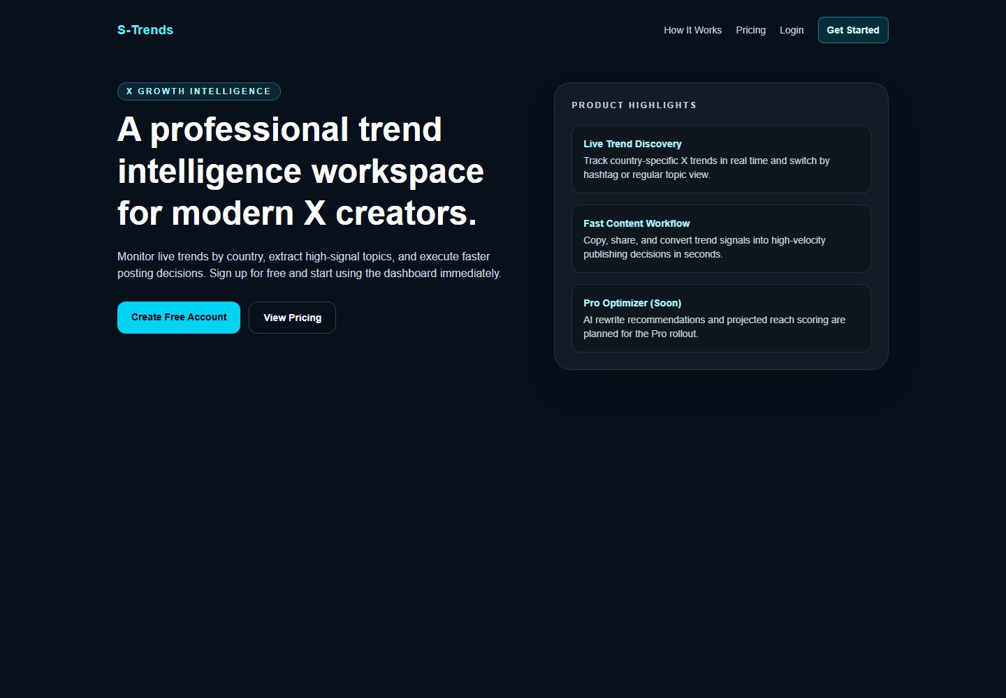 S-Trends dark SaaS landing page for country-specific X trend intelligence