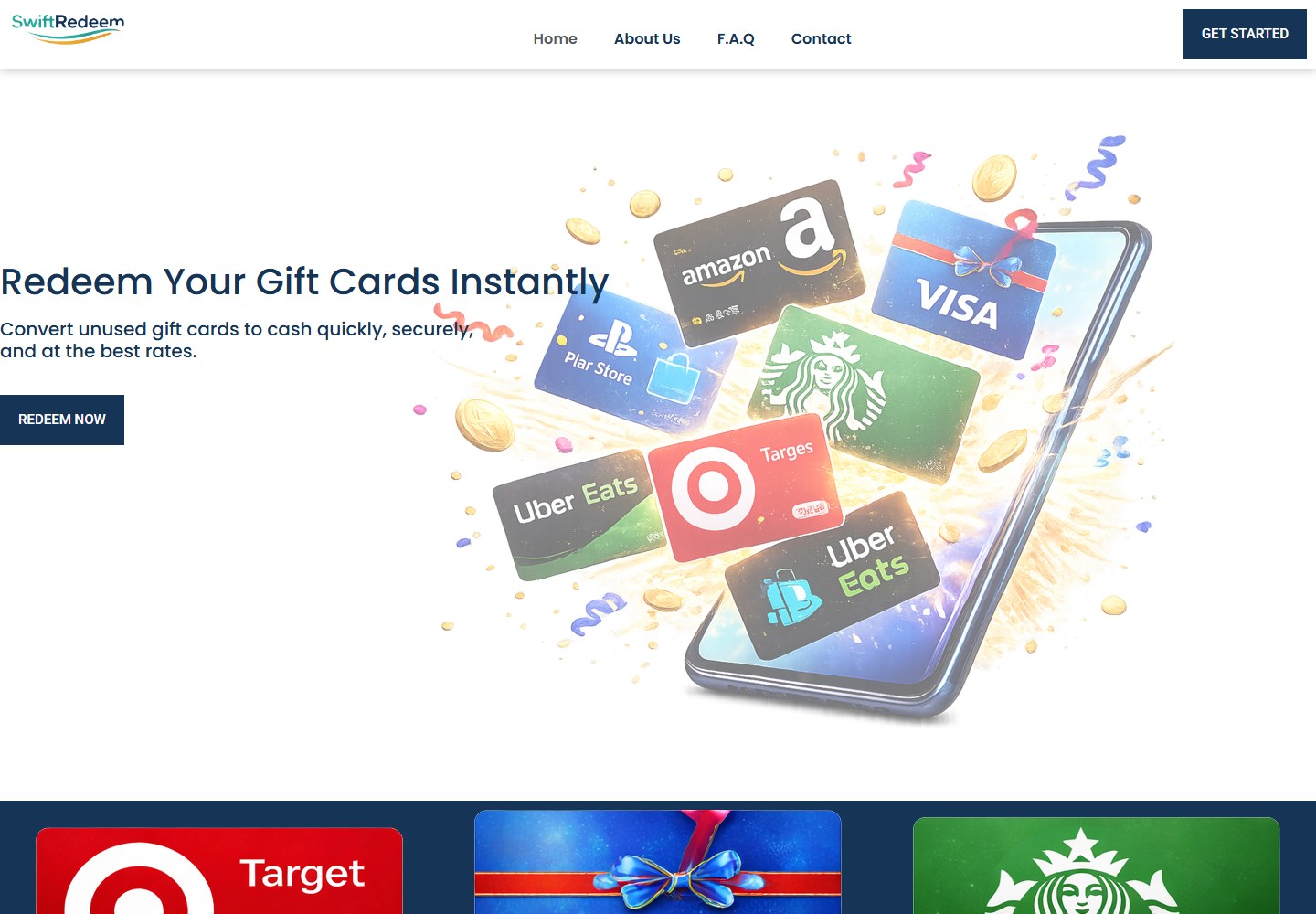 SwiftRedeem website showing gift cards arranged above a mobile phone